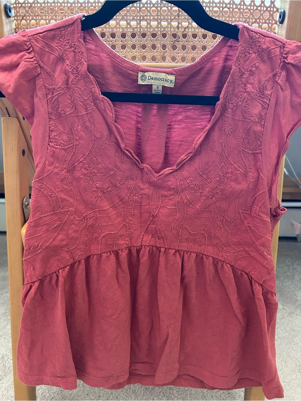 Democracy Coral Embroidered V-Neck Peplum Tunic